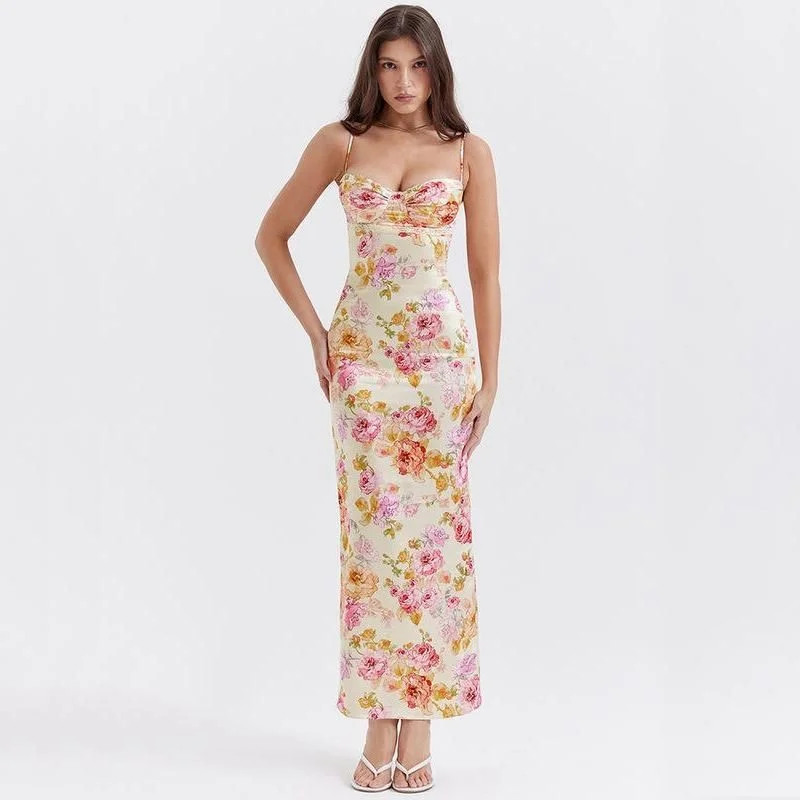 Floral Print Midi Dress with Spaghetti Straps & Backless Design