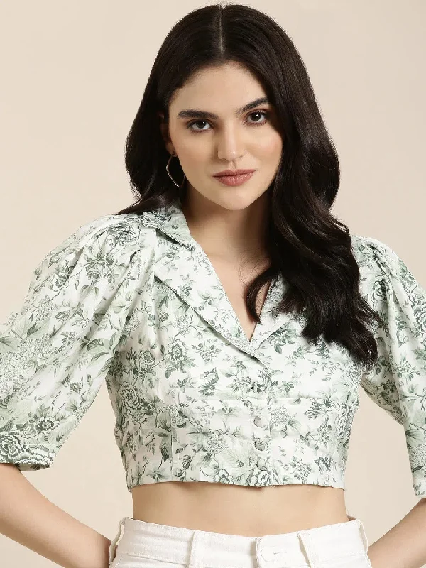 Women Green Printed Shirt Style Crop Top-AE-10620-Green