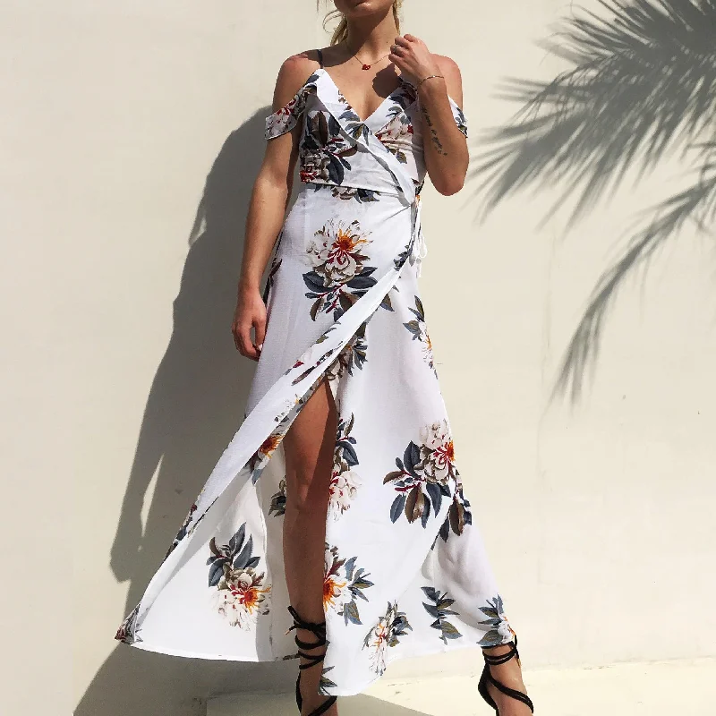 USA SIZE Printed off-the-shoulder beach dress dress seaside holiday irregular split chiffon dress