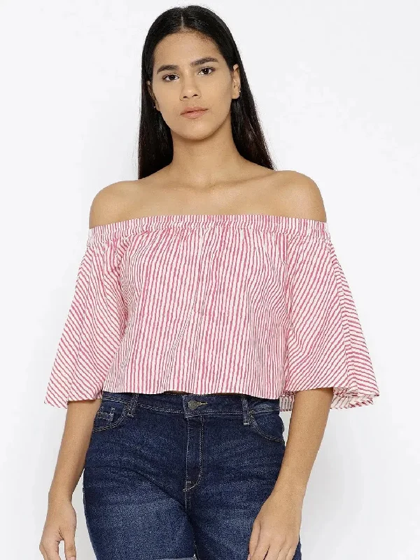 Off shoulder Striped crop top in Pink