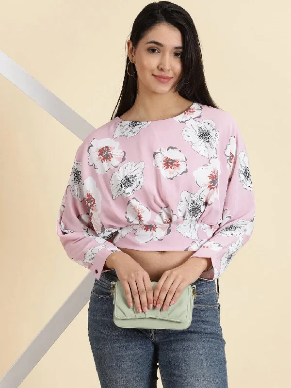 Women's Pink Printed Styled Back Crop Top-AE-10642-Pink