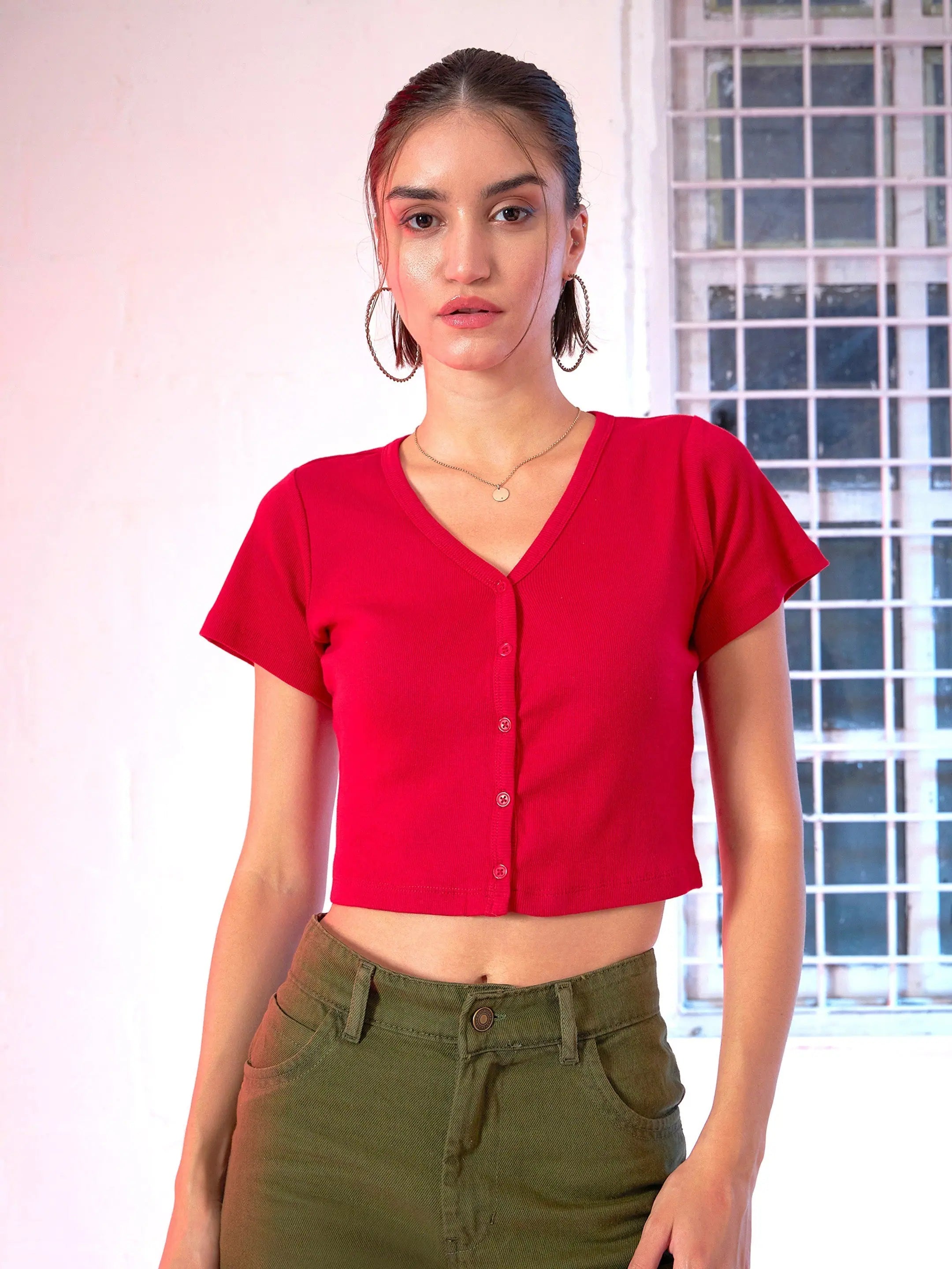 Women Red Front Button Crop Top