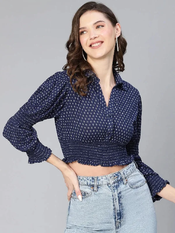 Women Blue Polka Print Smocked Viscose Crop Top-S23047WBL004