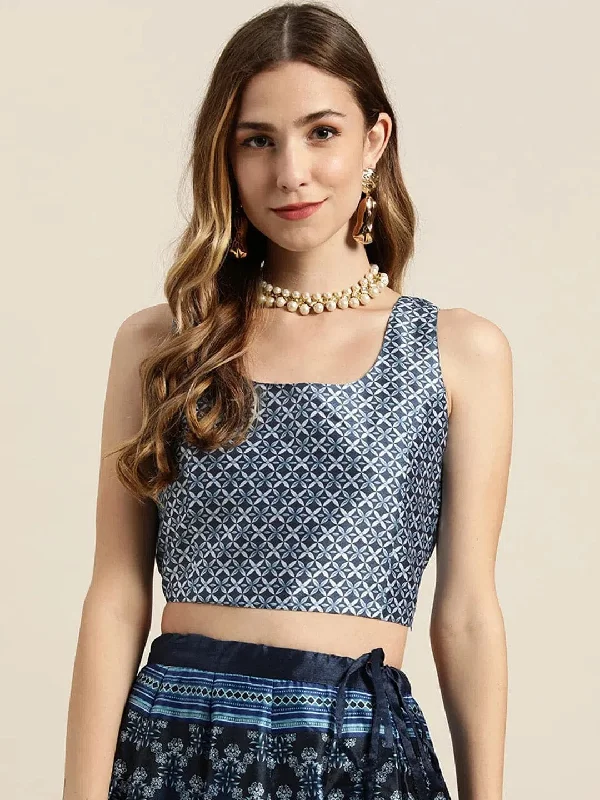 Indigo Floral Geo Print Sleeveless Crop Top