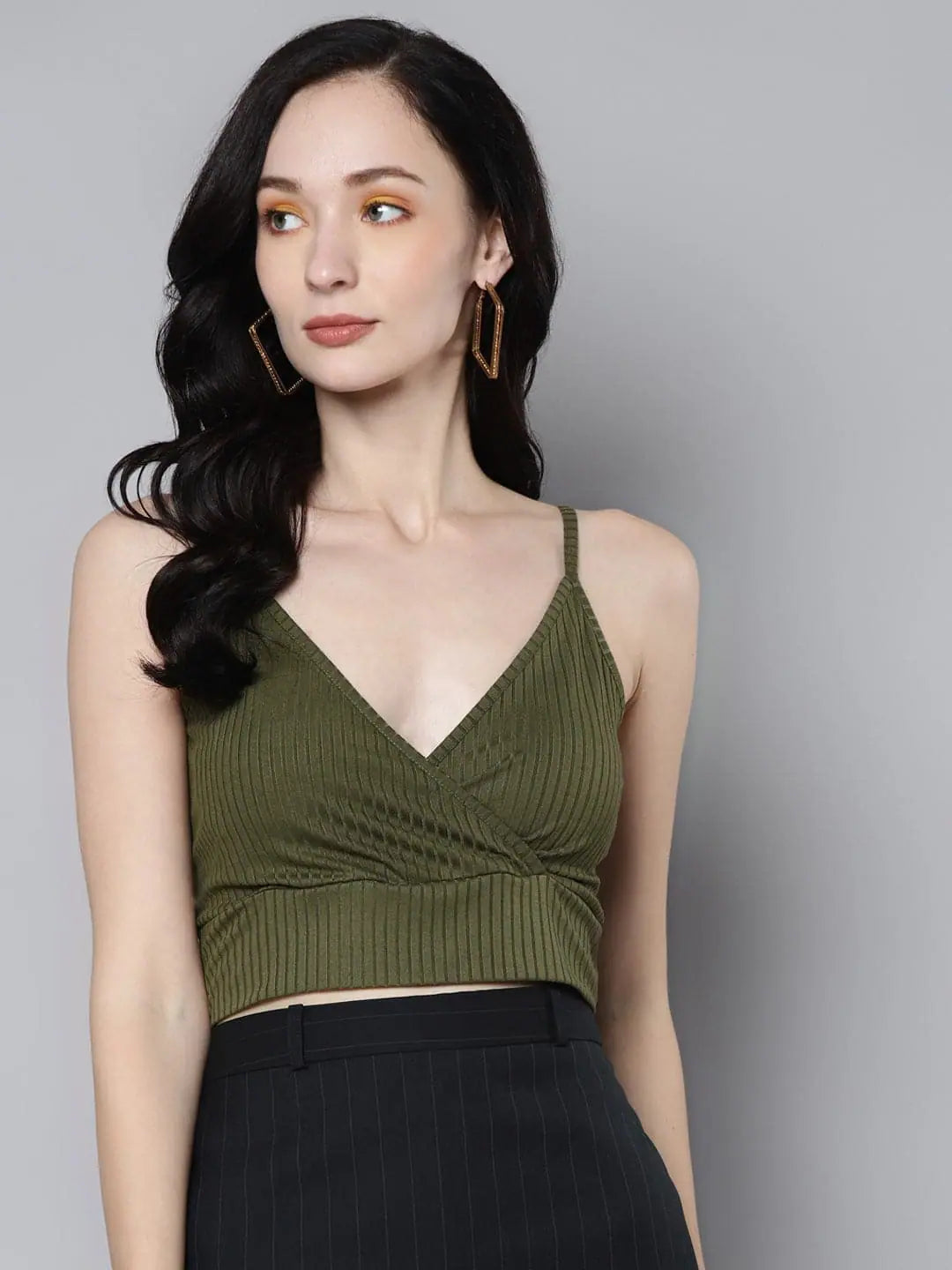 Women Olive Rib Wrap Neck Crop Top