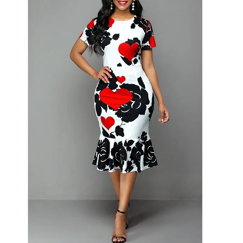 European And American Round Neck Short Sleeve Printed Slim Ruffle Dress