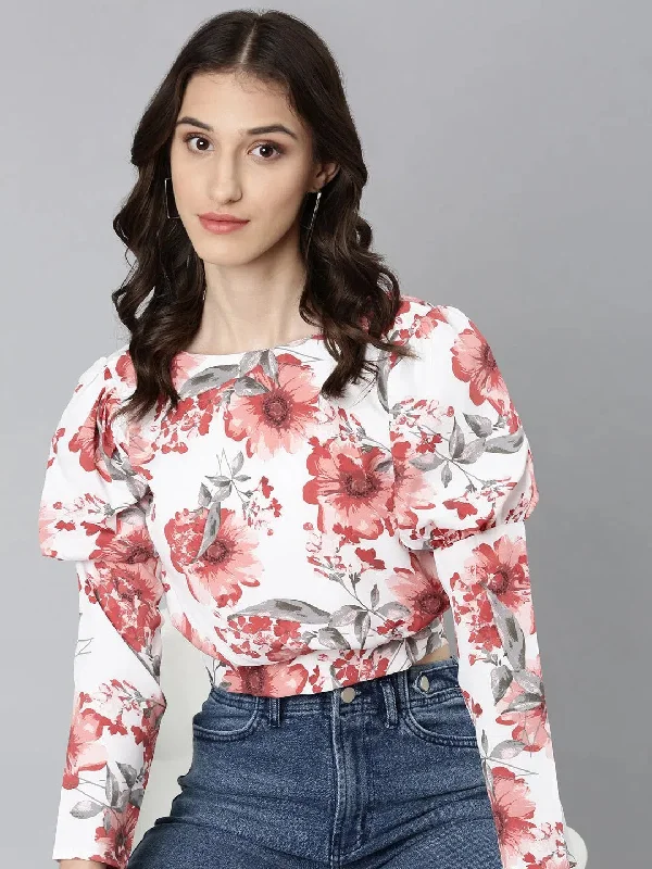 Women White Floral Blouson Crop Top-AE-10755-White