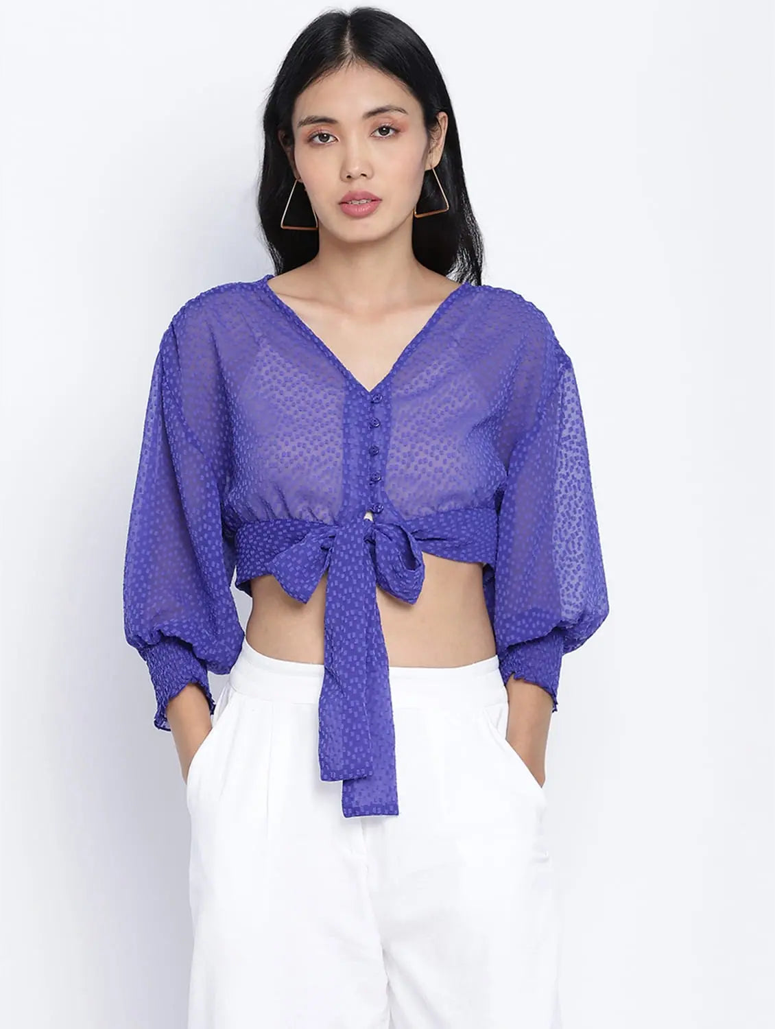 Happy Purple Women Crop Smocked Details Top