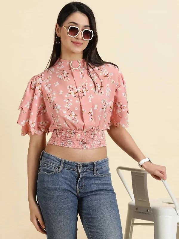 Women's Peach Printed Cinched Waist Crop Top-AE-10605A-Peach