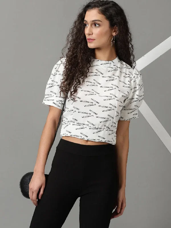 Women's White Printed Blouson Crop Top-AE-10296-White