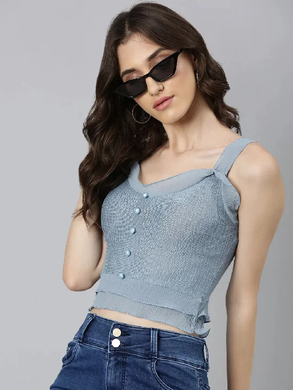 Women Blue Solid FittedCrop Top-ANX-8-Blue