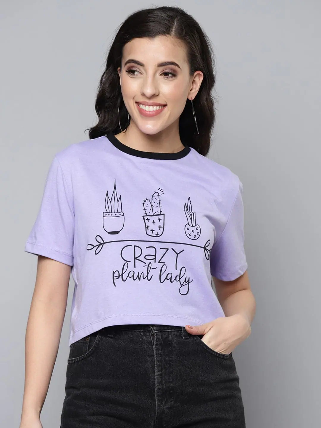 Women Lavender CRAZY PLANT LADY Crop Boxy T-Shirt