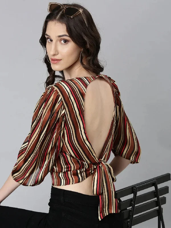 Women Brown Striped Styled Back Crop Top-AE-10683-Brown