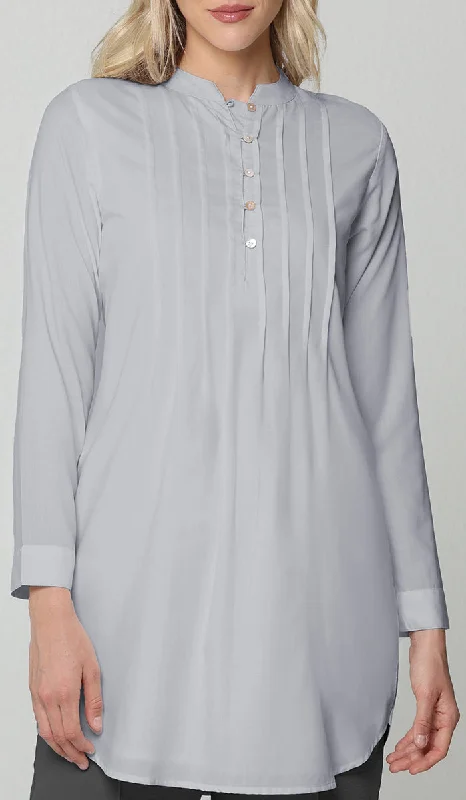 Hurin Pleated Mostly Cotton Button Down Tunic Dress - Gray Pearl - PREORDER (ships in 2 weeks)