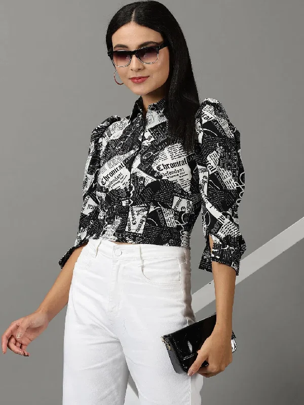 Women's Black Printed Shirt Style Crop Top-AE-7031-Black