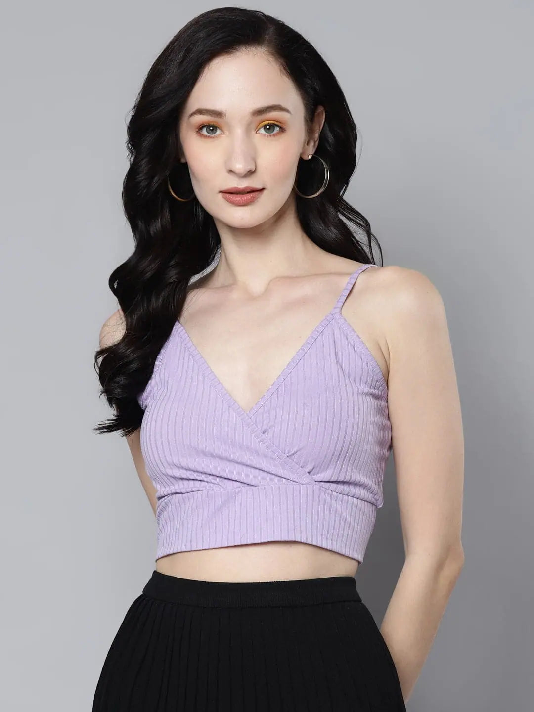 Women Lavender Rib Wrap Neck Crop Top