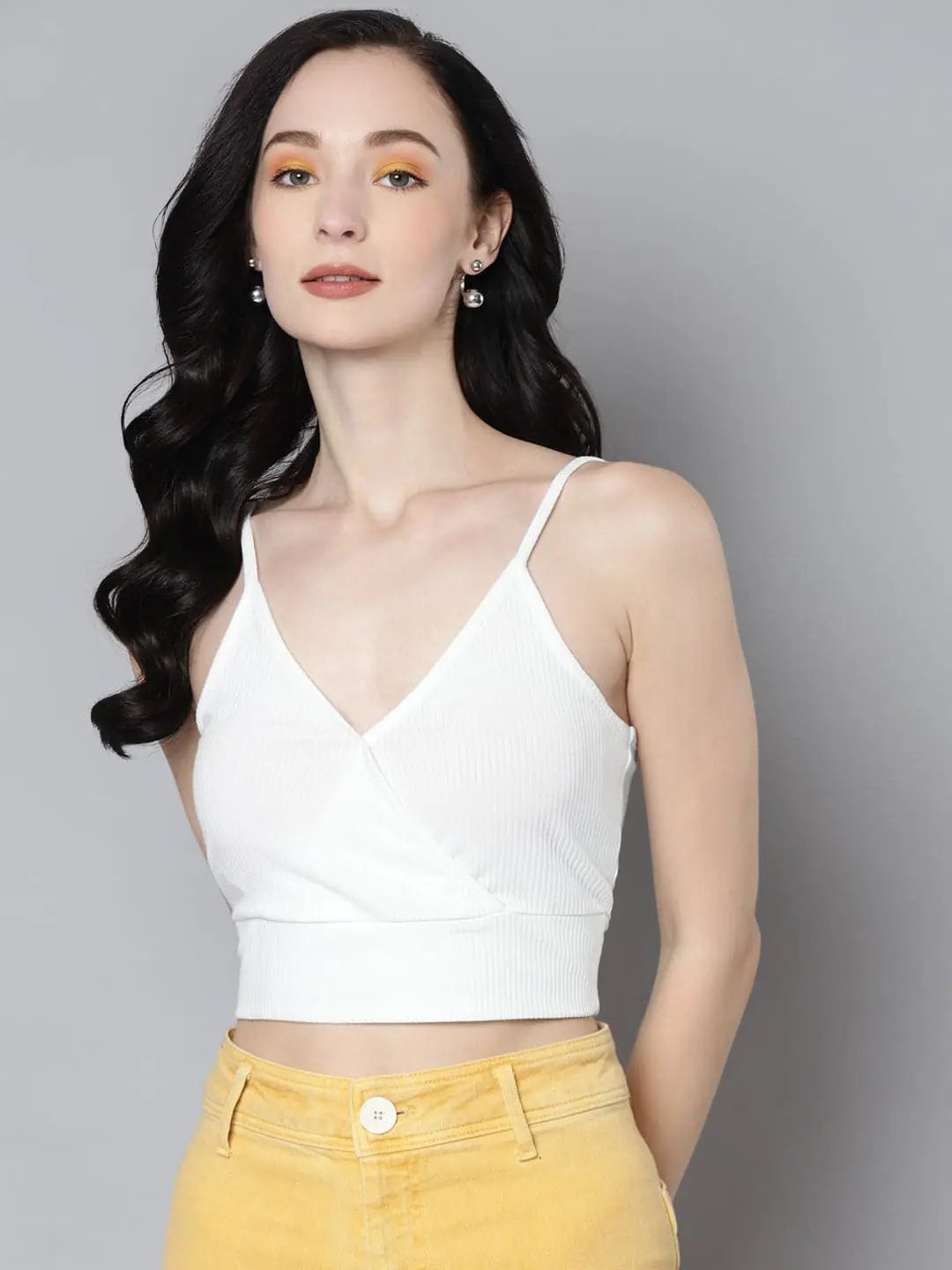 Women White Rib Wrap Neck Crop Top