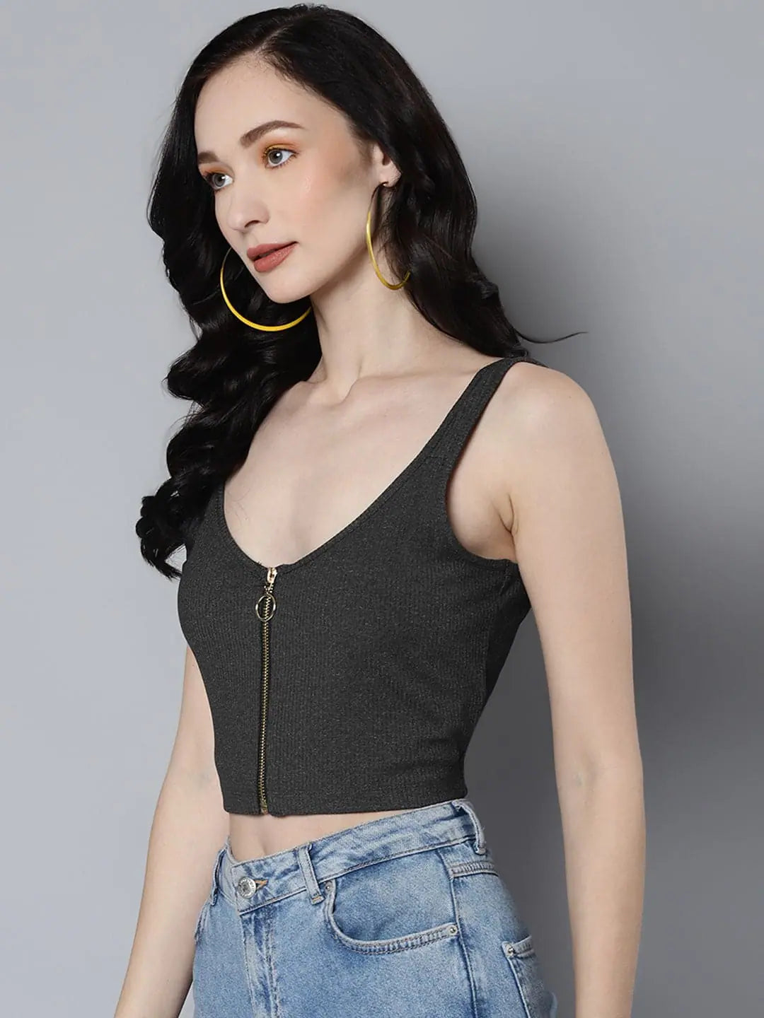 Women Dark Grey Rib Front Zipper Crop Top