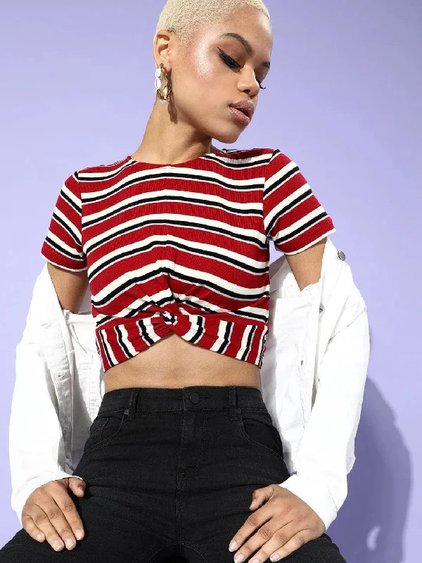 Red Multi Stripe Front Knot Rib Crop Top