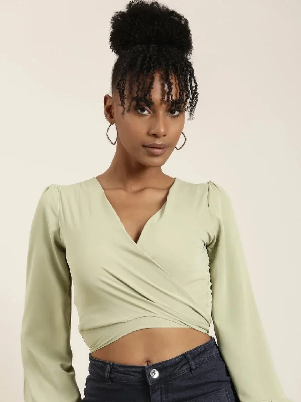 Women Sea Green Solid Wrap Crop Top-AE-10672-Seagreen