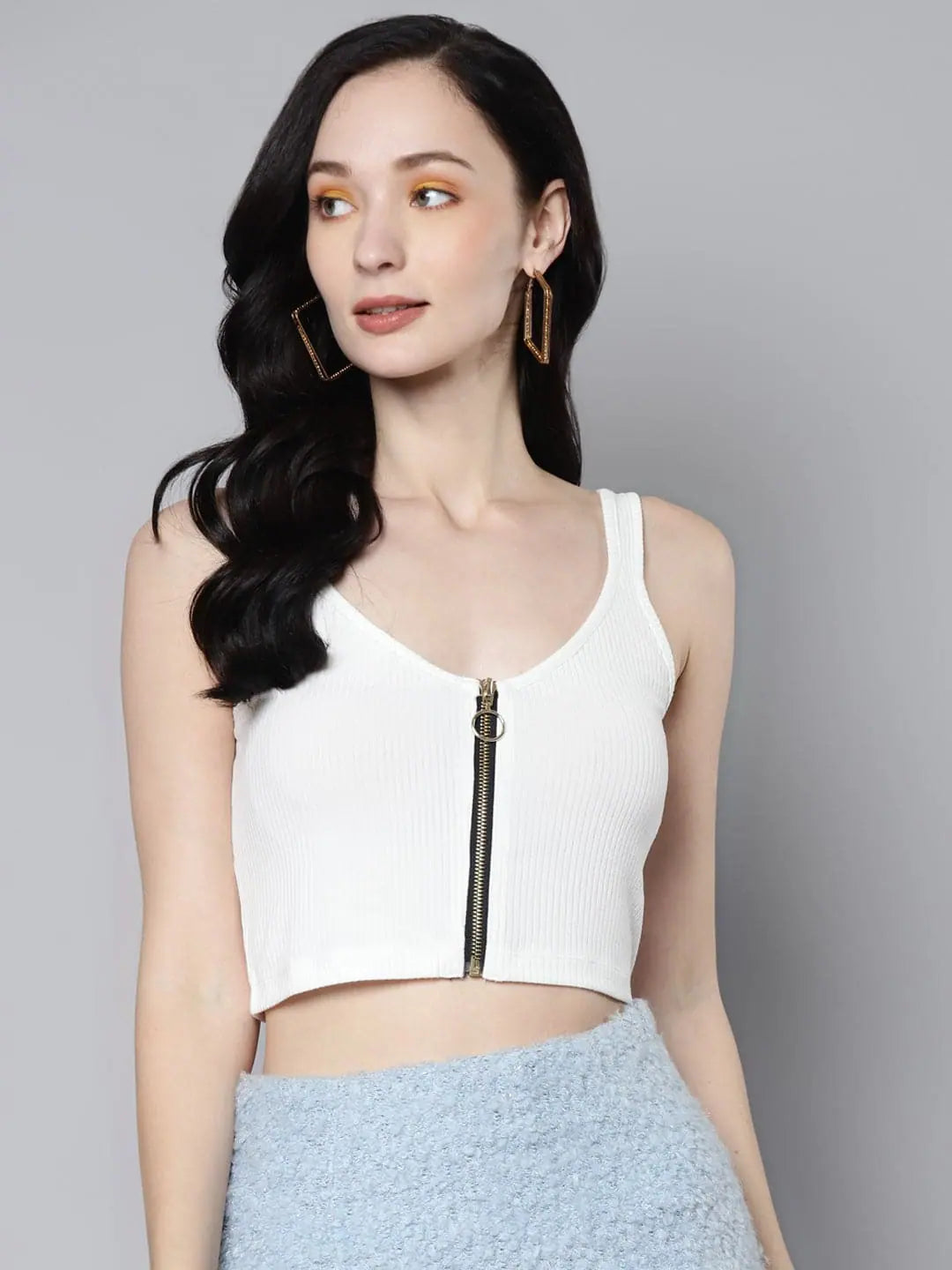 Women White Rib Front Zipper Crop Top