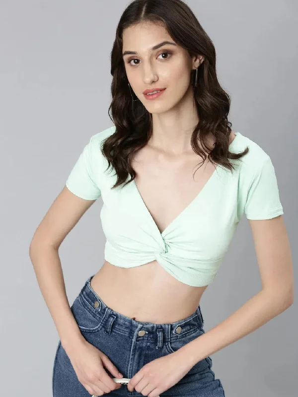 Women Sea Green Solid Blouson Crop Top-AE-10660-Seagreen