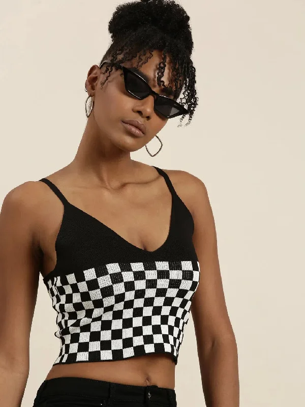 Women Black Checked Fitted Crop Top-TD-38027-Black