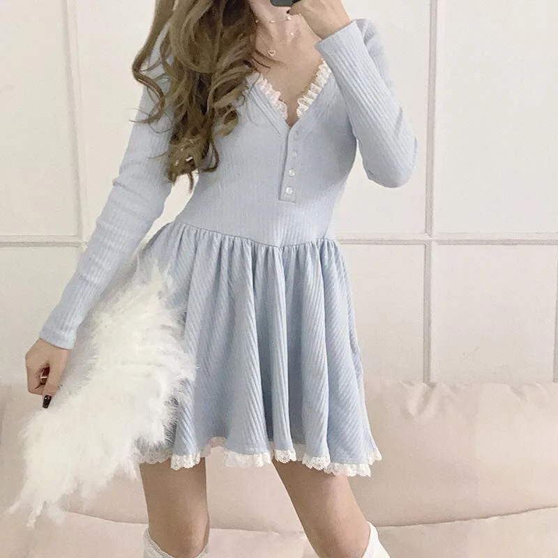 2021 spring new milk blue ins pure desire wind ballet skirt female lace stitching high waist slimming V-neck dress