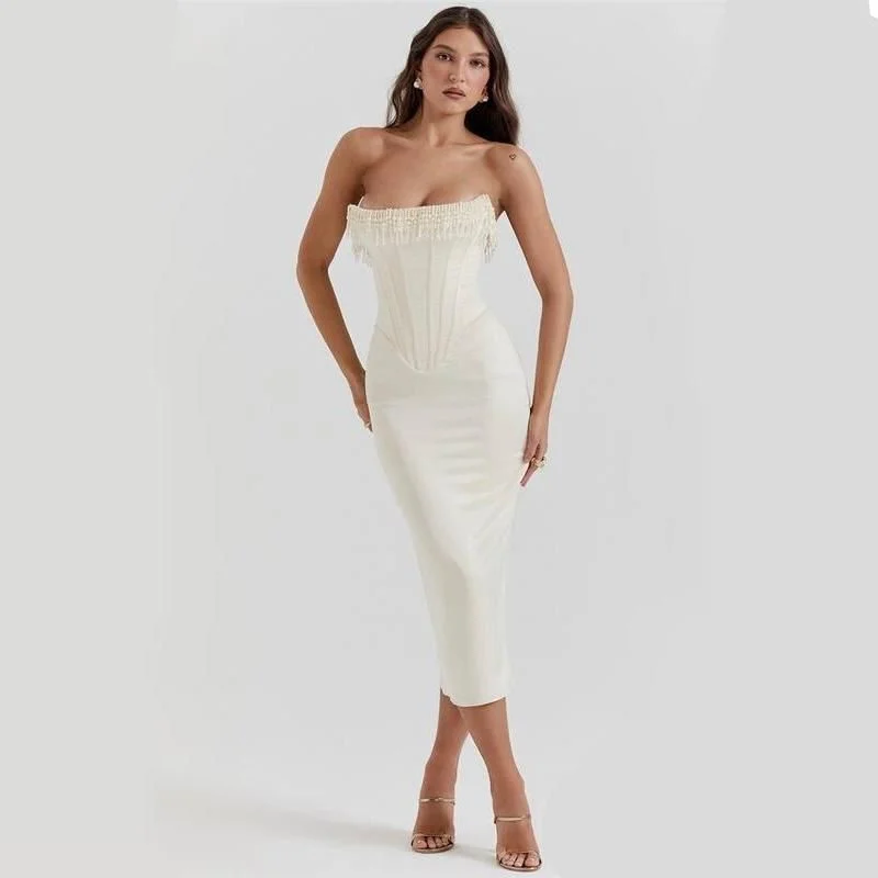 Off-Shoulder Pearl Tassel Bodycon Midi Dress