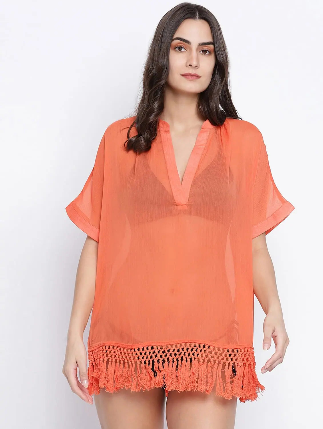 Tappy Orange Fringes Design Women Beachwear Dress