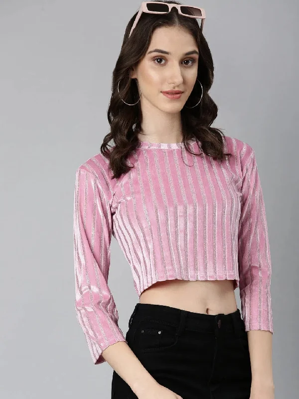 Women Pink Striped Crop Top-AE-10667-Pink