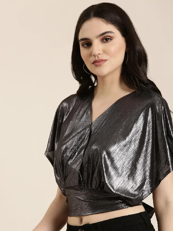 Women Metallic Solid Blouson Crop Top-SP-822-Metallicblack