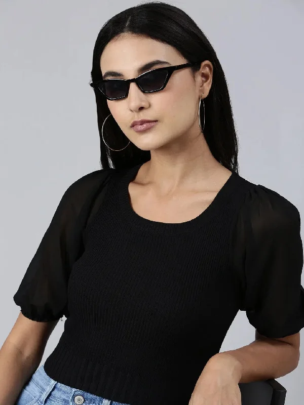 Women Black Solid Fitted Crop Top-BEC-201-1-Black