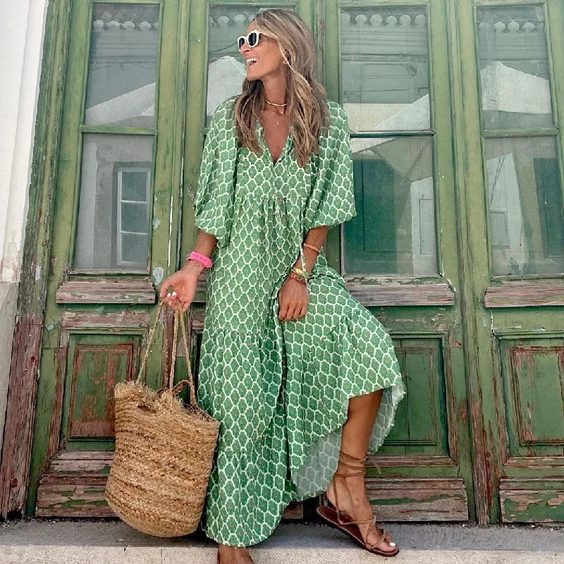 Elegant Ladies Casual Loose V-Neck Half Sleeve Maxi Dress