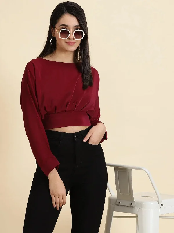 Women's Burgundy Solid Styled Back Crop Top-AE-10643-Burgundy