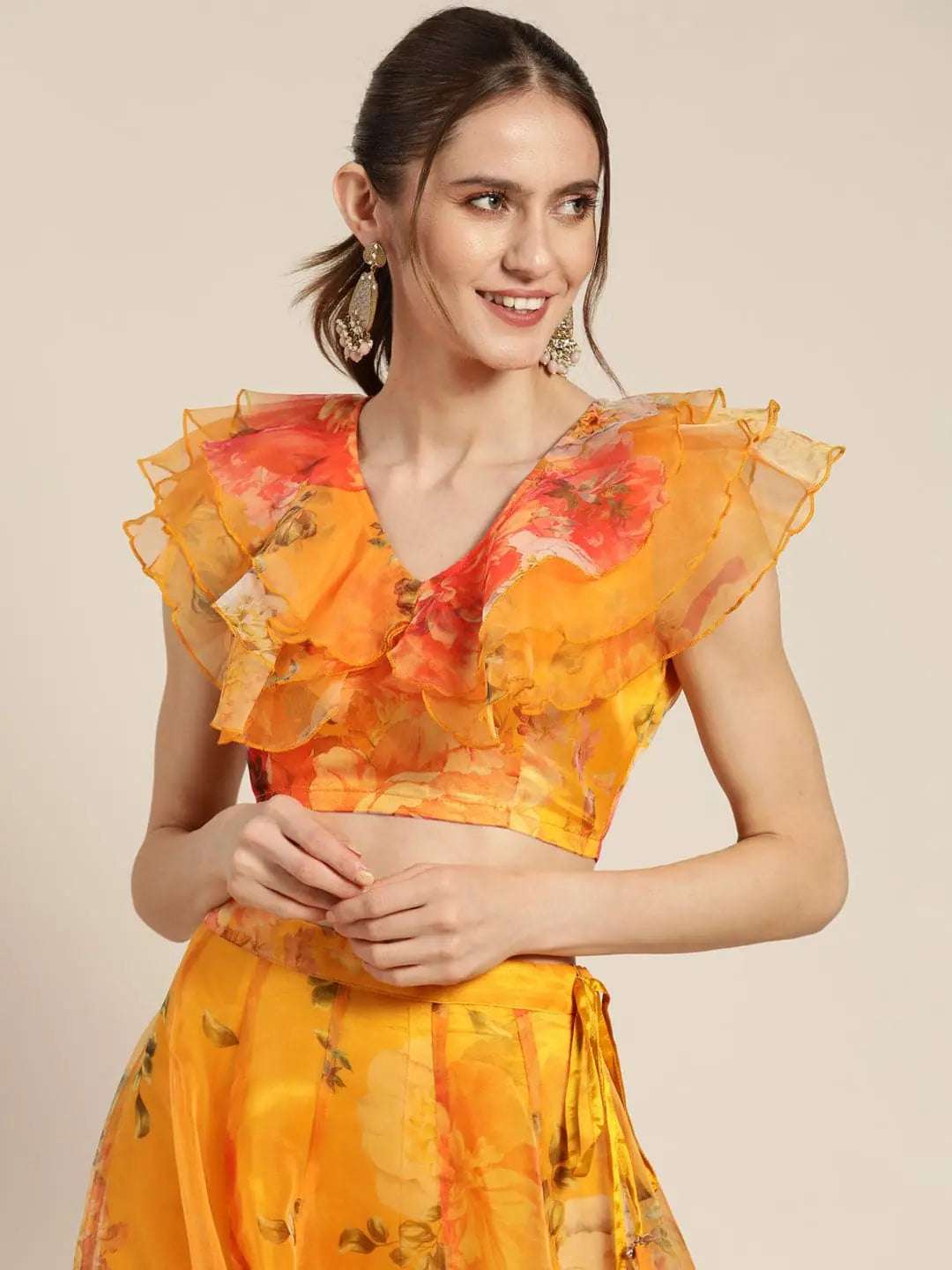 Women Yellow Organza Floral Crop Top