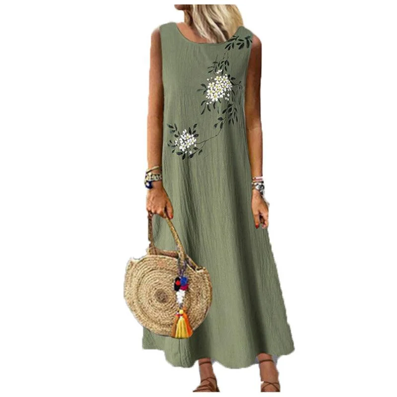 Cotton Linen Round Neck Sleeveless Printed Vest Dress