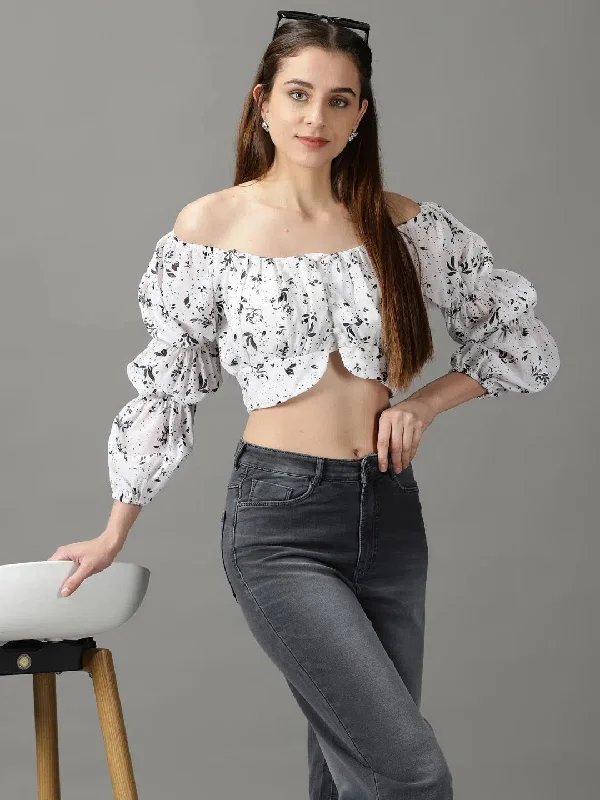 Women's White Printed Crop Top-HQ-8-Whiteblack