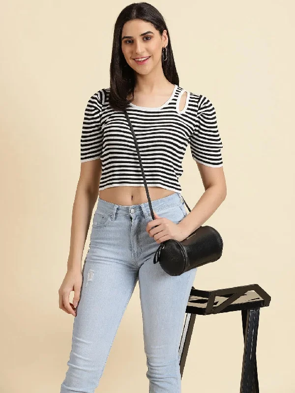 Women's White Striped Fitted Crop Top-CHN-H-327-White