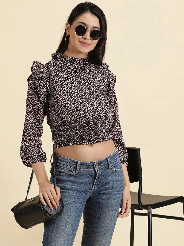 Women's Black Printed Cinched Waist Crop Top-AE-10622-Blackpeach