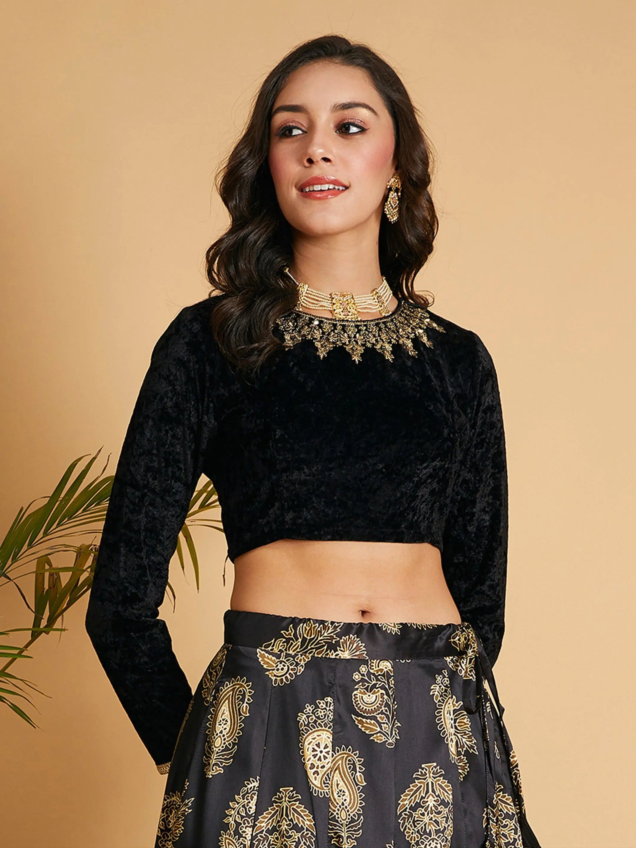 Women Black Velvet Embroidered Crop Top