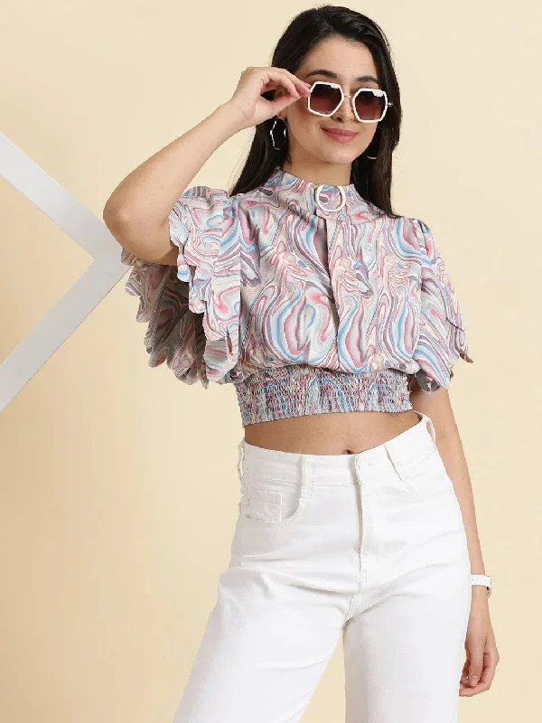 Women's Multi Printed Cinched Waist Crop Top-AE-10605-Multi