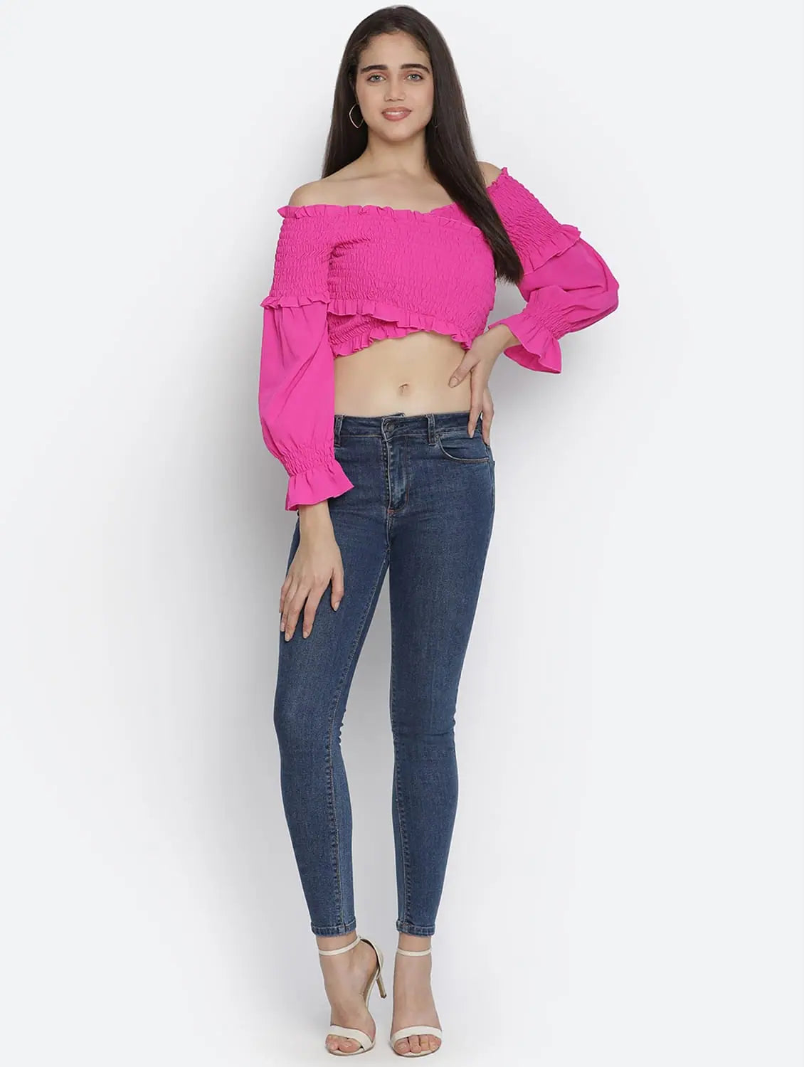 Thrilling Queen Pink Radiant Women Off-Shoulder Crop Top