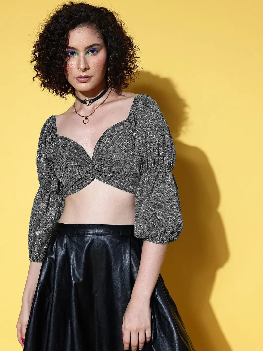 Women Silver Lurex Knotted Front Crop Top