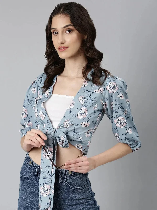 Women Blue Floral Wrap Crop Top-AE-10756-Blue