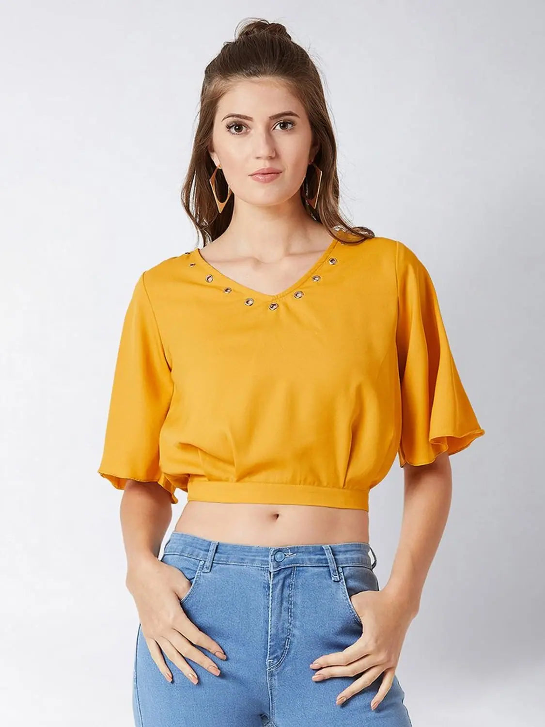 Up A Notch Eyelet Crop Mustard Yellow Top