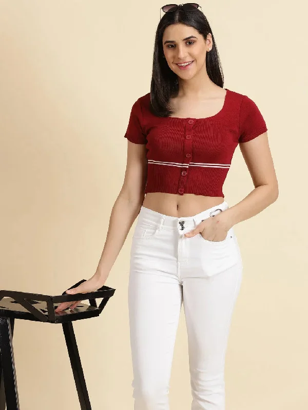 Women's Maroon Solid Fitted Crop Top-CHN-28057-Maroon