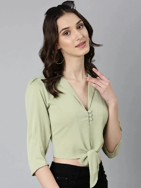 Women Olive Solid Shirt Style Crop Top-AE-10742-Olive