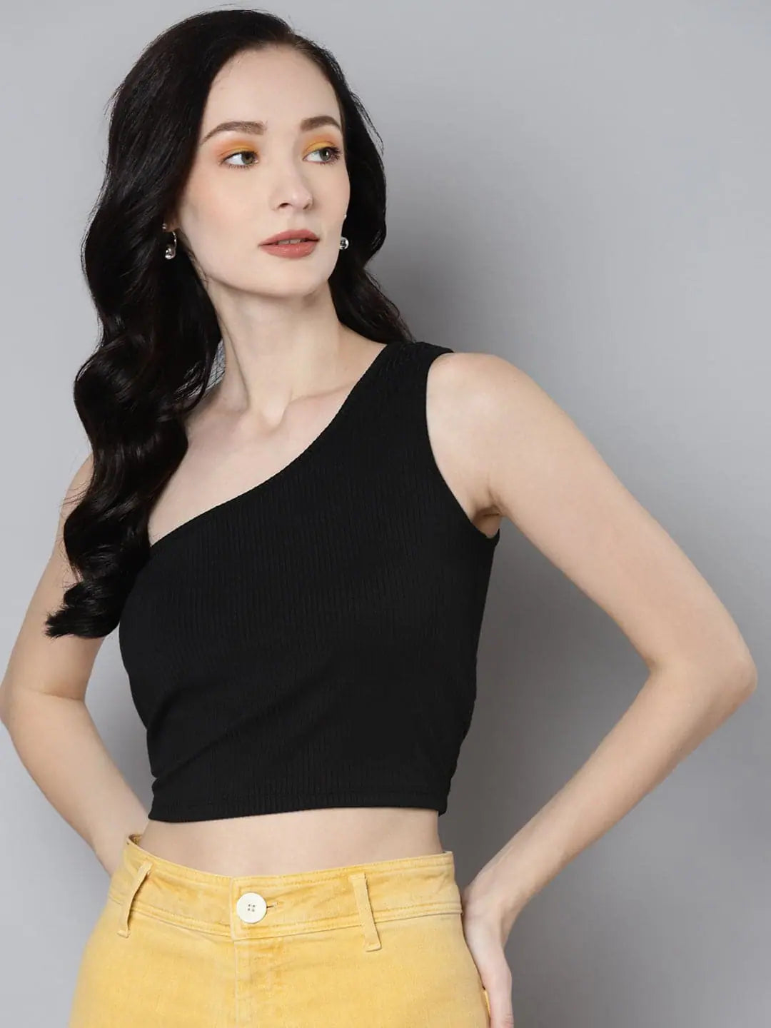 Women Charcoal Rib One Shoulder Crop Top