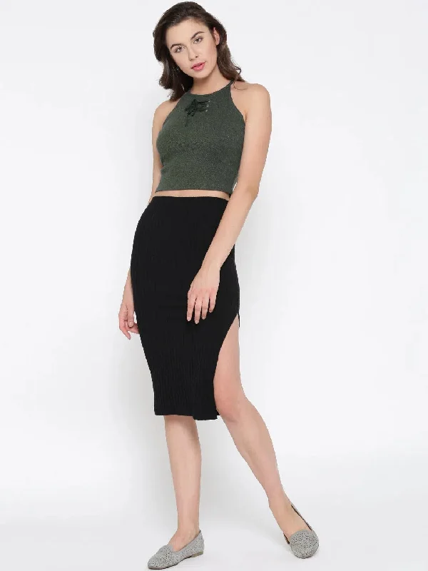 Melange Green Faux Lace-Up Crop Top